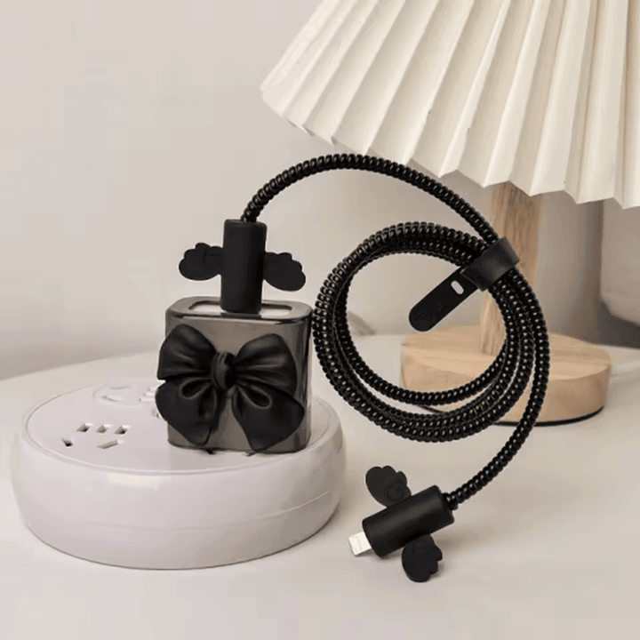 Black Love Bow 5pcs Charging Data Cable Protector Winder Accessories For iPhone 18/20w Charger Protective Cover - My Store