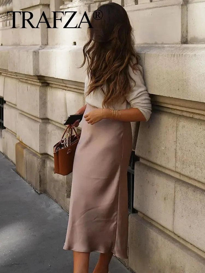 TRAFZA Women Elegant Solid Satin Long Skirt Chic Y2K High Waist Slim Skirts Female Fashion Silk Texture Ladies Tight Midi Skirt - My Store
