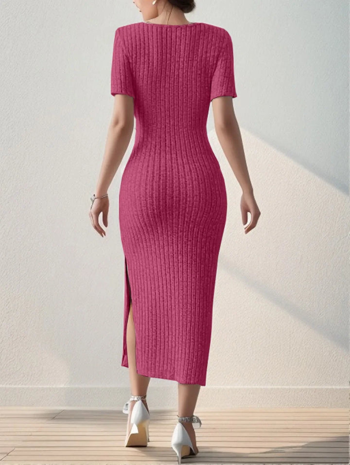 Summer Square Neck, Hip-Hugging Mid-Length Skirt, Short-Sleeved, Versatile Knitted Slit Dress - My Store