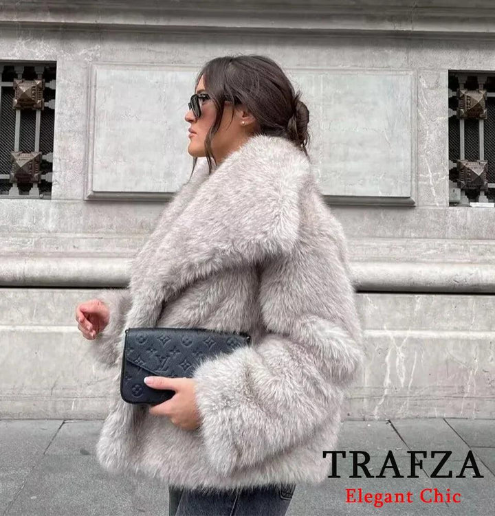 TRAFZA-Women Fashion Winter Solid Big Lapel Coat Faux Fur Coat Jacket New 2025 Autumn Winter Slouchy Burgundy Black Gray Coat - My Store