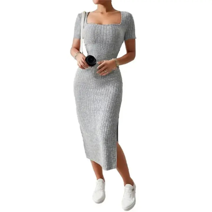 Summer Square Neck, Hip-Hugging Mid-Length Skirt, Short-Sleeved, Versatile Knitted Slit Dress - My Store