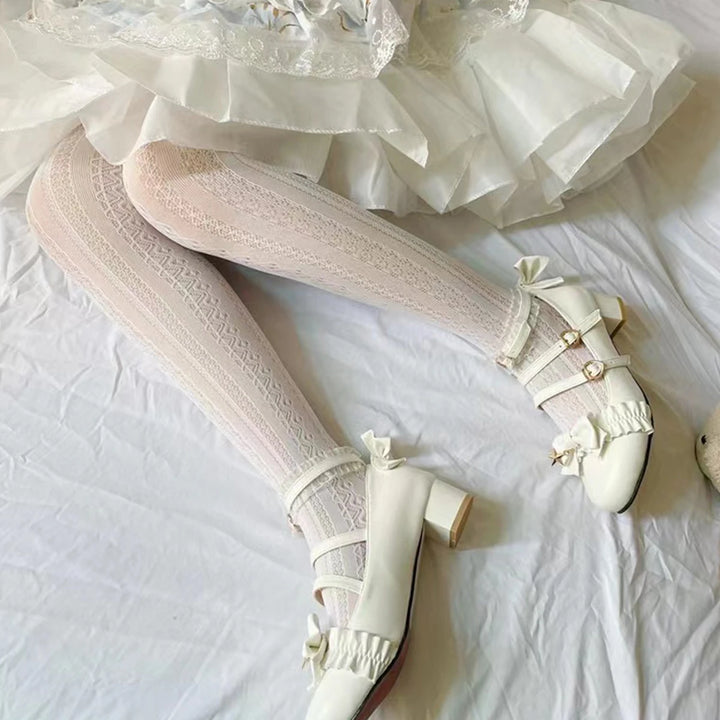 1 Pair Black White Lolita Vintage Hollow Out Pantyhose Sculpted Mesh Women Stockings For Dress - My Store