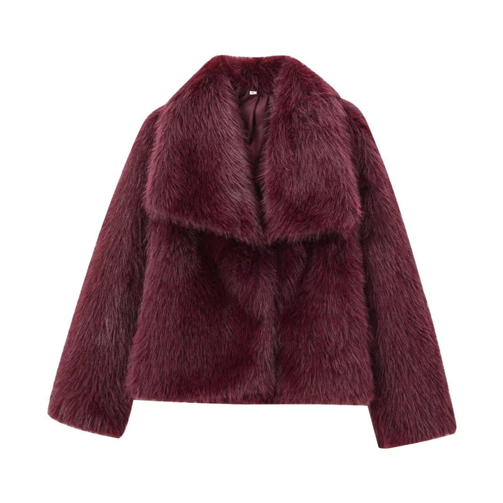 TRAFZA-Women Fashion Winter Solid Big Lapel Coat Faux Fur Coat Jacket New 2025 Autumn Winter Slouchy Burgundy Black Gray Coat - My Store