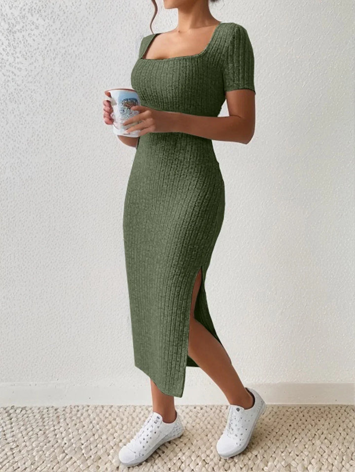 Summer Square Neck, Hip-Hugging Mid-Length Skirt, Short-Sleeved, Versatile Knitted Slit Dress - My Store