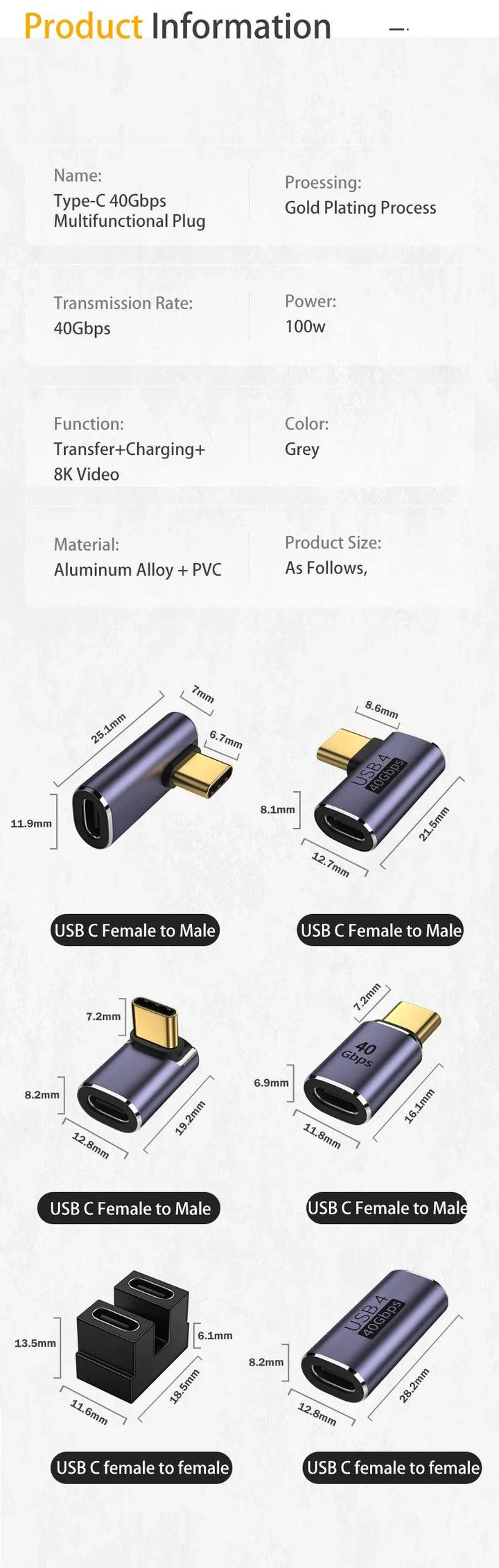 USB 4.0 PD 100W 8K 60Hz Charger Connector for Macbook 40Gbps High Speed USB C OTG U-Shape Straight Angle Male to Female Adapter - My Store