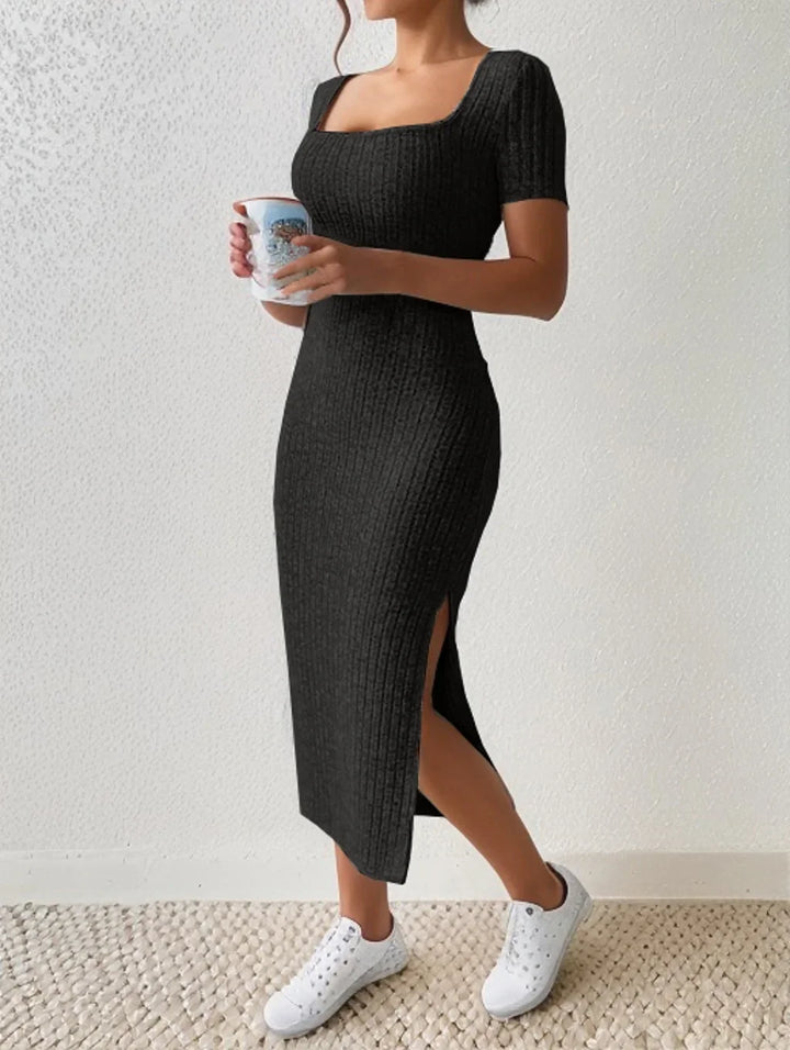 Summer Square Neck, Hip-Hugging Mid-Length Skirt, Short-Sleeved, Versatile Knitted Slit Dress - My Store