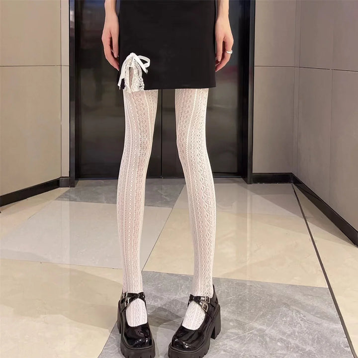 1 Pair Black White Lolita Vintage Hollow Out Pantyhose Sculpted Mesh Women Stockings For Dress - My Store