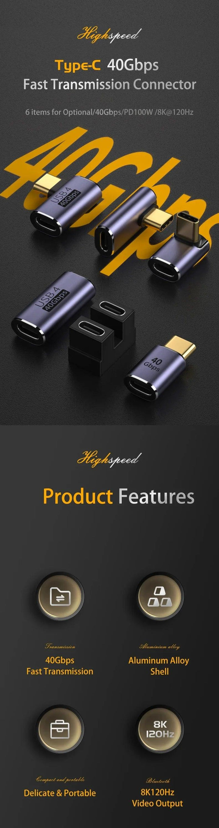 USB 4.0 PD 100W 8K 60Hz Charger Connector for Macbook 40Gbps High Speed USB C OTG U-Shape Straight Angle Male to Female Adapter - My Store
