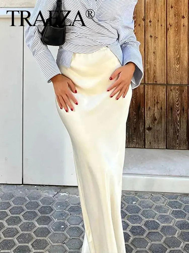 TRAFZA Women Elegant Solid Satin Long Skirt Chic Y2K High Waist Slim Skirts Female Fashion Silk Texture Ladies Tight Midi Skirt - My Store