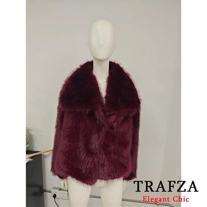 TRAFZA-Women Fashion Winter Solid Big Lapel Coat Faux Fur Coat Jacket New 2025 Autumn Winter Slouchy Burgundy Black Gray Coat - My Store