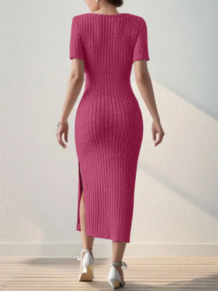 Summer Square Neck, Hip-Hugging Mid-Length Skirt, Short-Sleeved, Versatile Knitted Slit Dress - My Store