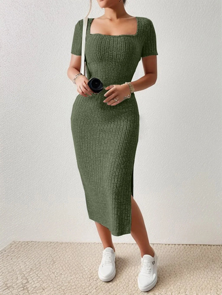 Summer Square Neck, Hip-Hugging Mid-Length Skirt, Short-Sleeved, Versatile Knitted Slit Dress - My Store