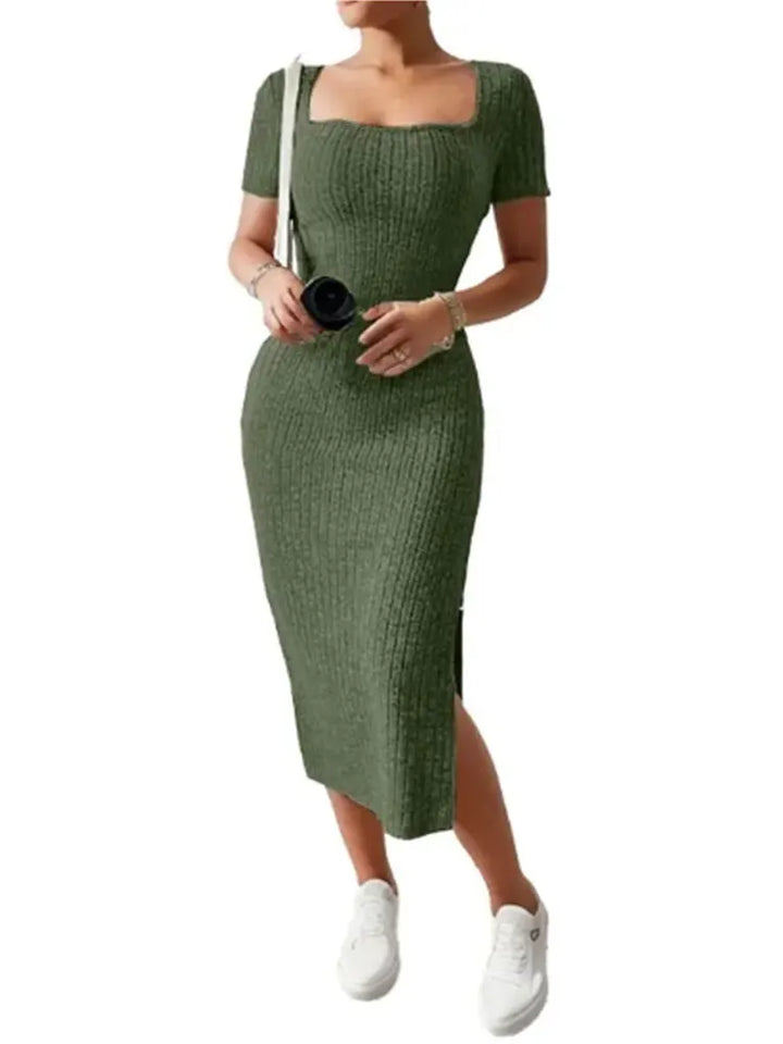 Summer Square Neck, Hip-Hugging Mid-Length Skirt, Short-Sleeved, Versatile Knitted Slit Dress - My Store
