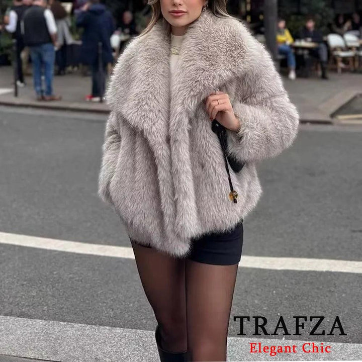 TRAFZA-Women Fashion Winter Solid Big Lapel Coat Faux Fur Coat Jacket New 2025 Autumn Winter Slouchy Burgundy Black Gray Coat - My Store