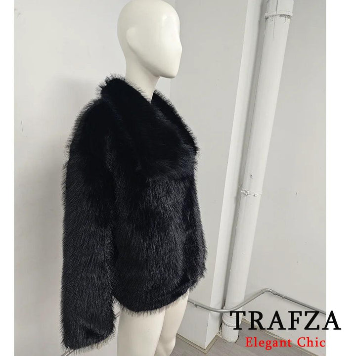 TRAFZA-Women Fashion Winter Solid Big Lapel Coat Faux Fur Coat Jacket New 2025 Autumn Winter Slouchy Burgundy Black Gray Coat - My Store