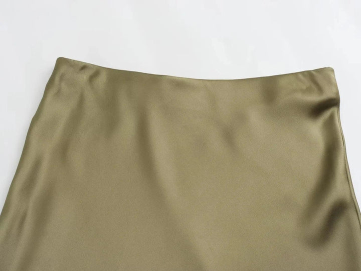 TRAFZA Women Elegant Solid Satin Long Skirt Chic Y2K High Waist Slim Skirts Female Fashion Silk Texture Ladies Tight Midi Skirt - My Store