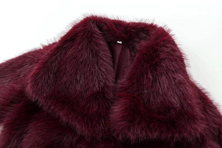 TRAFZA-Women Fashion Winter Solid Big Lapel Coat Faux Fur Coat Jacket New 2025 Autumn Winter Slouchy Burgundy Black Gray Coat - My Store