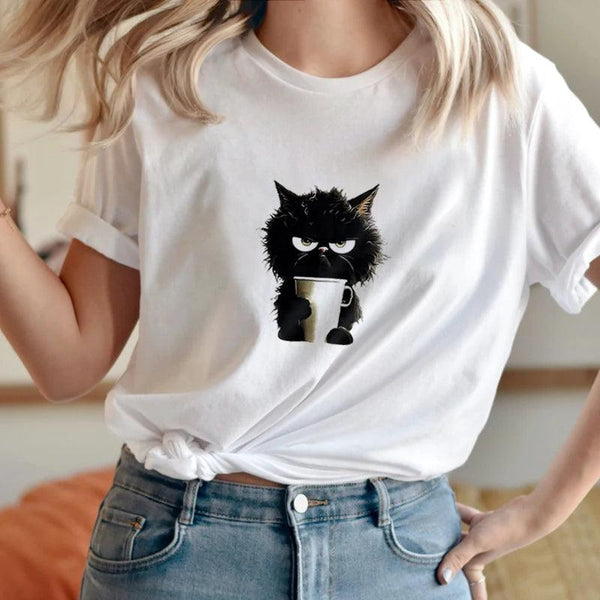 2024 Ladies Spring/Summer New 3d Cartoon Print Cute cat Short-sleeved Casual Crew Neck Top Fashion Loose Fun Clothing - My Store