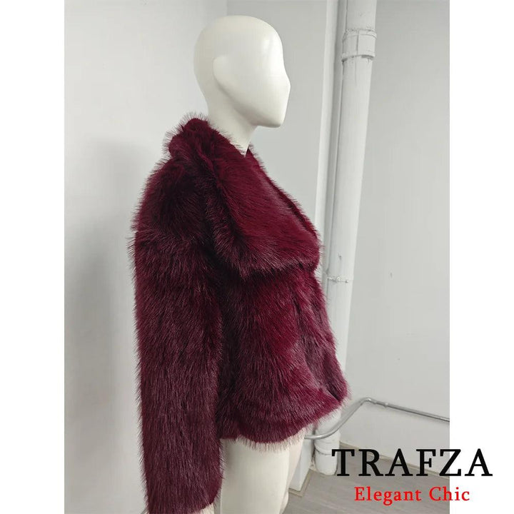 TRAFZA-Women Fashion Winter Solid Big Lapel Coat Faux Fur Coat Jacket New 2025 Autumn Winter Slouchy Burgundy Black Gray Coat - My Store