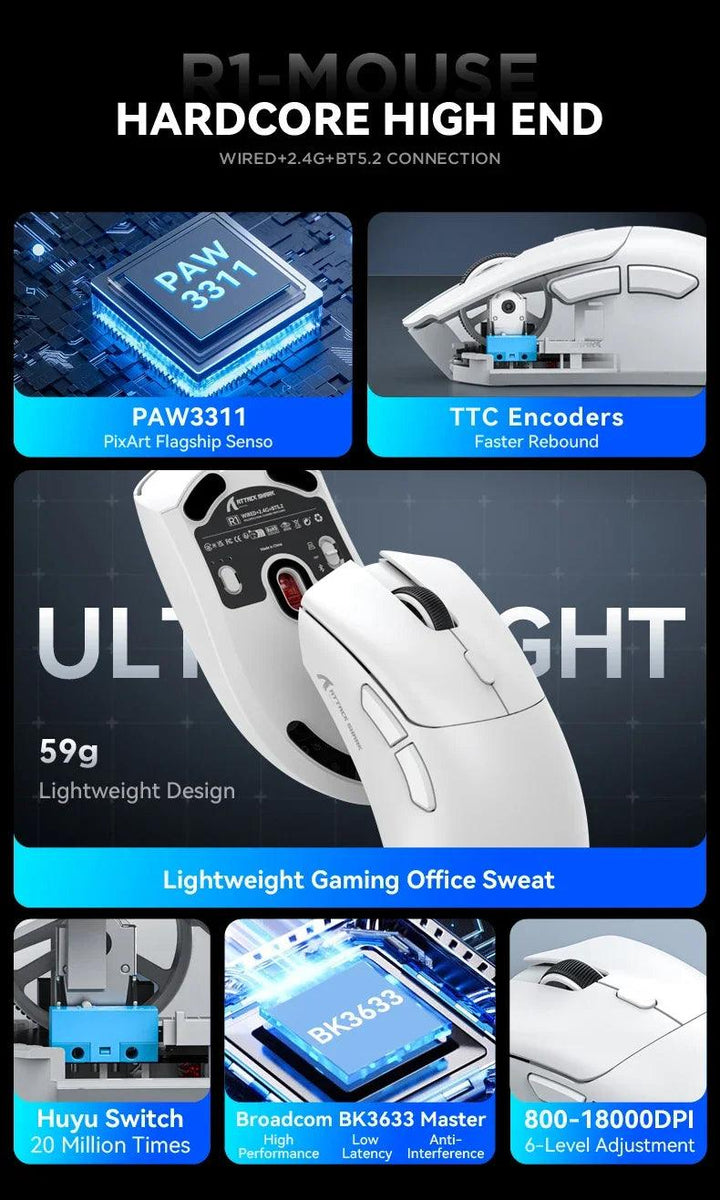 Attack Shark R1 18000dpi Wireless Bluetooth Mouse, Ultra Lightweight Ergonomic Design Mouse, PAW3311 Macro Gaming Mouse - My Store