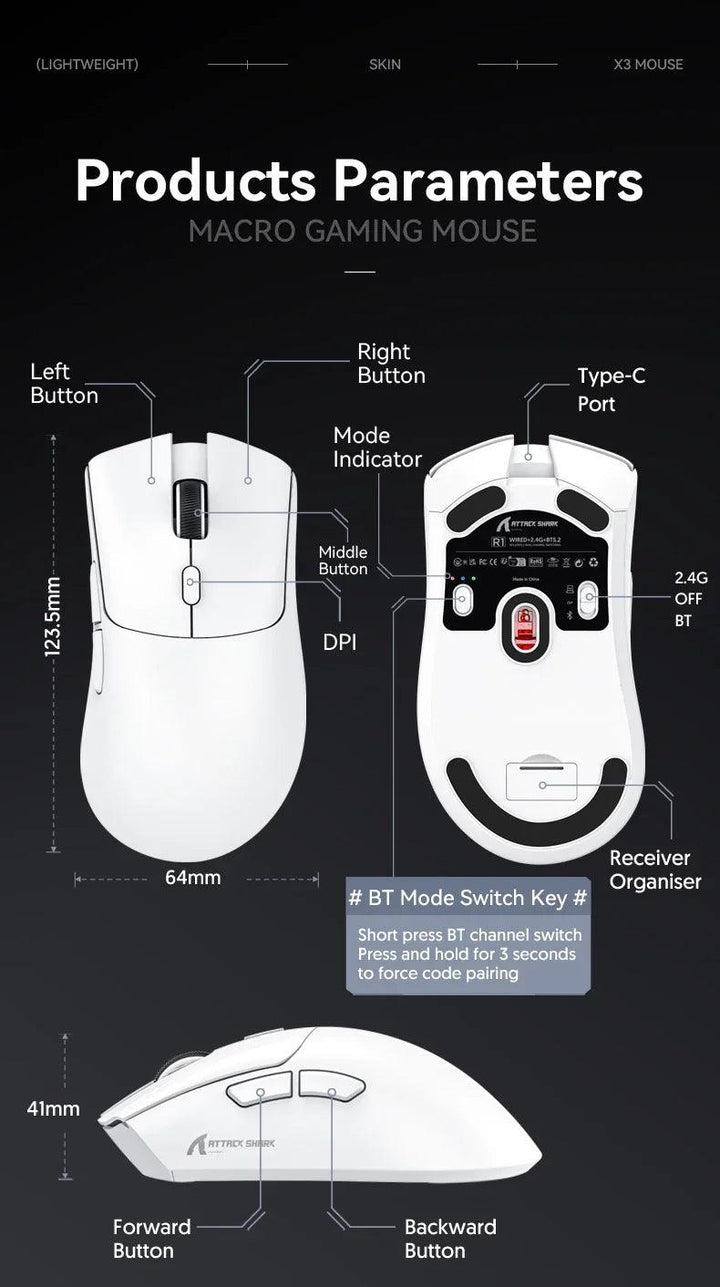 Attack Shark R1 18000dpi Wireless Bluetooth Mouse, Ultra Lightweight Ergonomic Design Mouse, PAW3311 Macro Gaming Mouse - My Store