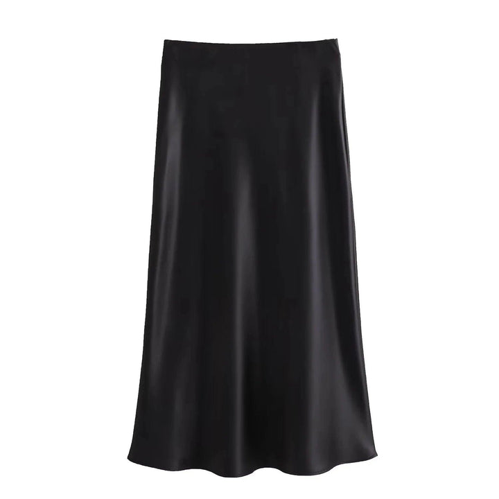 TRAFZA Women Elegant Solid Satin Long Skirt Chic Y2K High Waist Slim Skirts Female Fashion Silk Texture Ladies Tight Midi Skirt - My Store