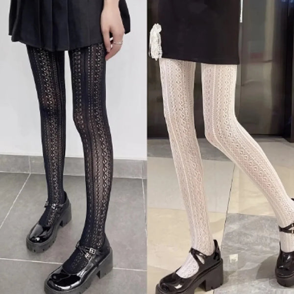 1 Pair Black White Lolita Vintage Hollow Out Pantyhose Sculpted Mesh Women Stockings For Dress - My Store