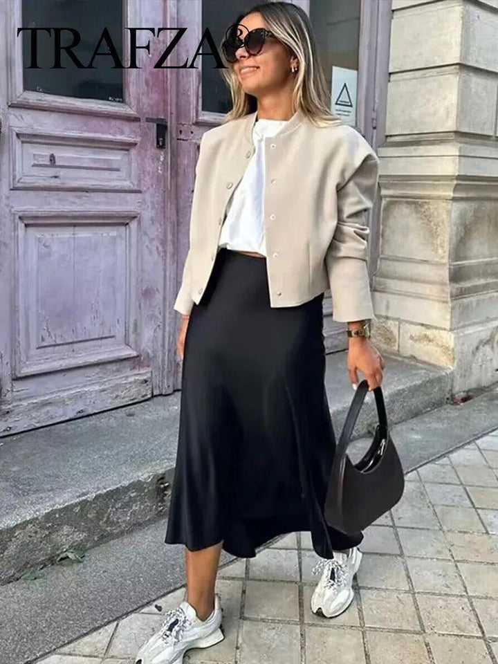 TRAFZA Women Elegant Solid Satin Long Skirt Chic Y2K High Waist Slim Skirts Female Fashion Silk Texture Ladies Tight Midi Skirt - My Store