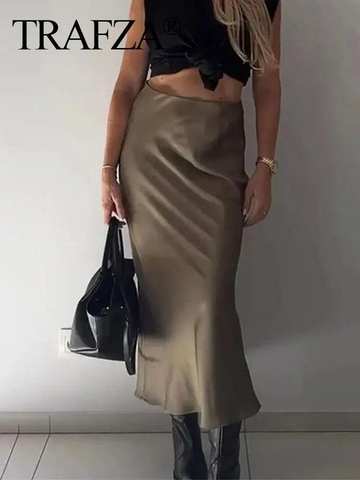 TRAFZA Women Elegant Solid Satin Long Skirt Chic Y2K High Waist Slim Skirts Female Fashion Silk Texture Ladies Tight Midi Skirt - My Store