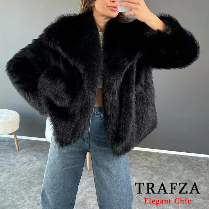 TRAFZA-Women Fashion Winter Solid Big Lapel Coat Faux Fur Coat Jacket New 2025 Autumn Winter Slouchy Burgundy Black Gray Coat - My Store