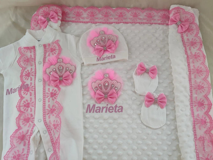 5pcs Handmade DIY Vinyl Name Personalized Baby Girl Newborn Jewels Crown Pink Take Me Home Layette 5 Piece Deluxe Gift Set - My Store