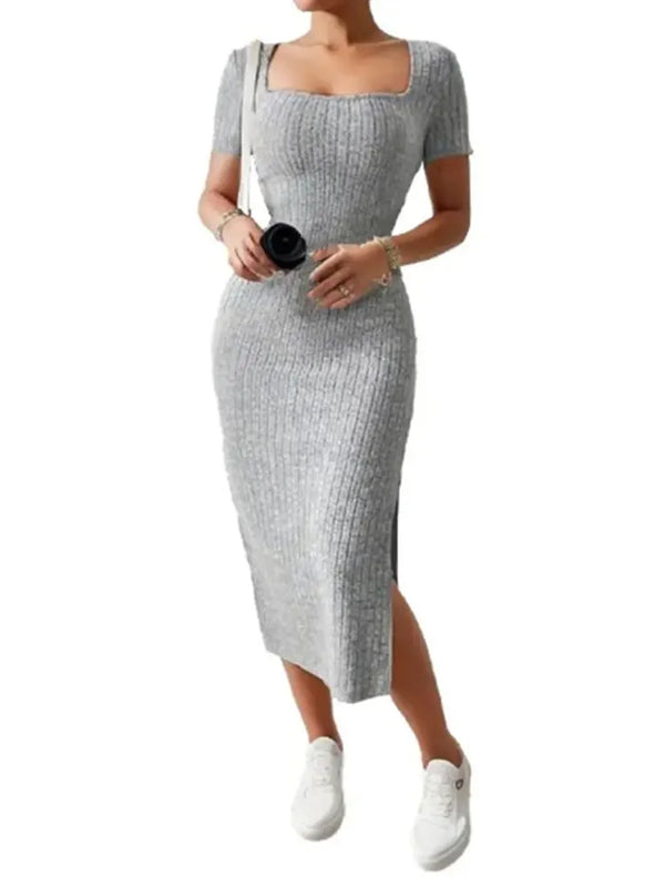 Summer Square Neck, Hip-Hugging Mid-Length Skirt, Short-Sleeved, Versatile Knitted Slit Dress - My Store