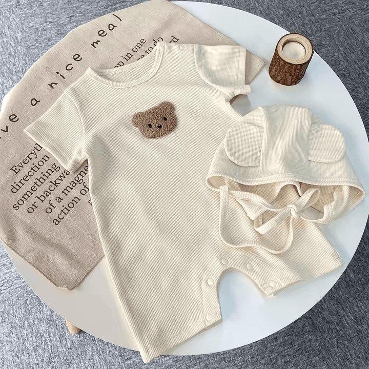 New In Summer Kids Baby Girls Boys Short Sleeve Waffle Patch Bear Infant Newborn Jumpsuits Cotton Romper Gift Hat with Ear - My Store