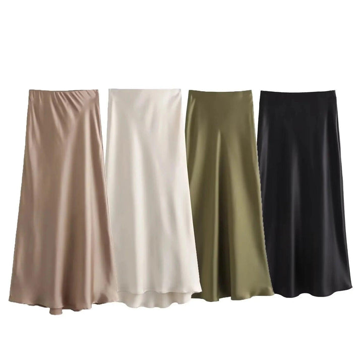 TRAFZA Women Elegant Solid Satin Long Skirt Chic Y2K High Waist Slim Skirts Female Fashion Silk Texture Ladies Tight Midi Skirt - My Store