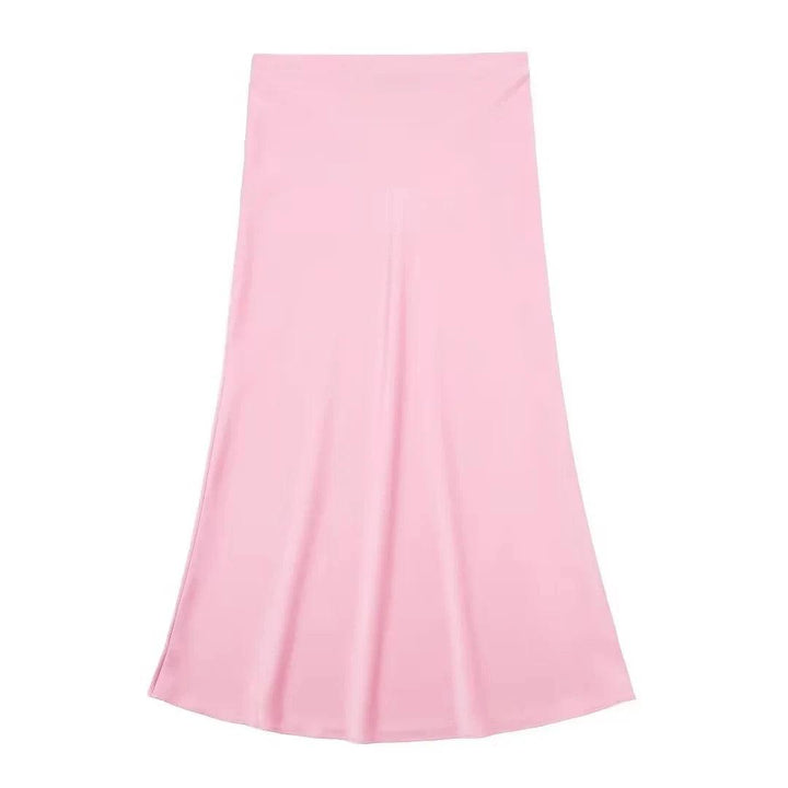 TRAFZA Women Elegant Solid Satin Long Skirt Chic Y2K High Waist Slim Skirts Female Fashion Silk Texture Ladies Tight Midi Skirt - My Store