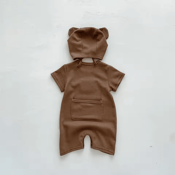 New In Summer Kids Baby Girls Boys Short Sleeve Waffle Patch Bear Infant Newborn Jumpsuits Cotton Romper Gift Hat with Ear - My Store