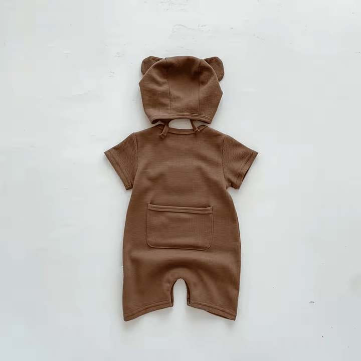 New In Summer Kids Baby Girls Boys Short Sleeve Waffle Patch Bear Infant Newborn Jumpsuits Cotton Romper Gift Hat with Ear - My Store