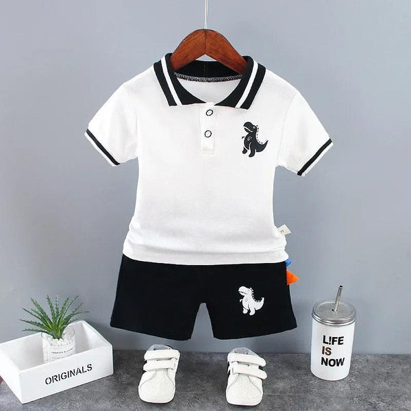 Summer Outfits for Baby Boys 9 to 12 Months Dinosaur Printed Turn-down Collar T-shirts Tops and Shorts 2PCS Infant Clothing Sets - My Store