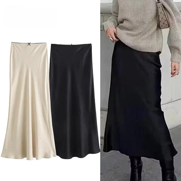 ASDS Black Satin Skirt Woman Bow Elegant Long Skirts For Women 2024 Summer High Waist Midi Skirt Fashion New In Women's Skirts - My Store