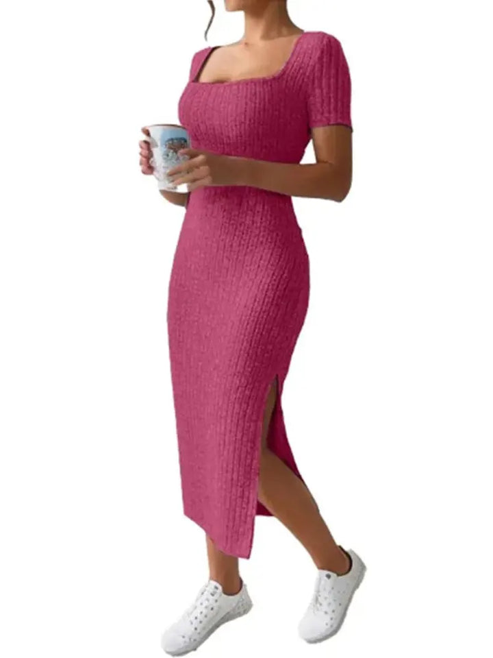 Summer Square Neck, Hip-Hugging Mid-Length Skirt, Short-Sleeved, Versatile Knitted Slit Dress - My Store