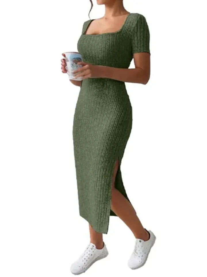 Summer Square Neck, Hip-Hugging Mid-Length Skirt, Short-Sleeved, Versatile Knitted Slit Dress - My Store