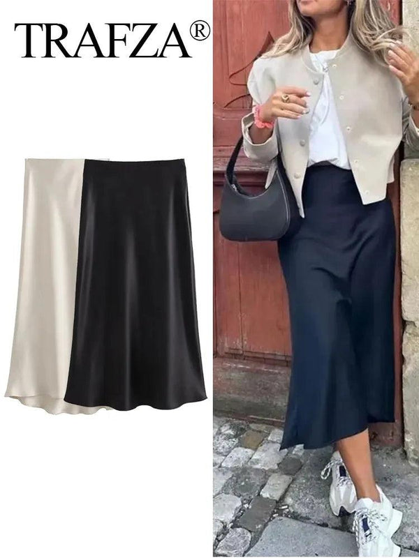TRAFZA Women Elegant Solid Satin Long Skirt Chic Y2K High Waist Slim Skirts Female Fashion Silk Texture Ladies Tight Midi Skirt - My Store