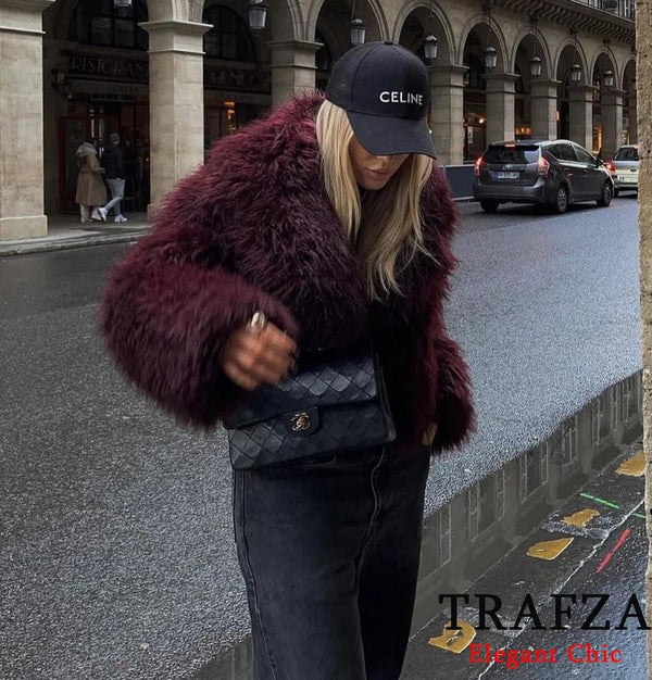 TRAFZA-Women Fashion Winter Solid Big Lapel Coat Faux Fur Coat Jacket New 2025 Autumn Winter Slouchy Burgundy Black Gray Coat - My Store