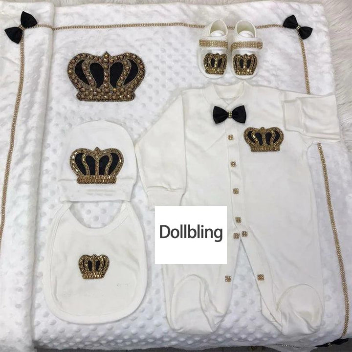 5pcs Handmade DIY Vinyl Name Personalized Baby Girl Newborn Jewels Crown Pink Take Me Home Layette 5 Piece Deluxe Gift Set - My Store