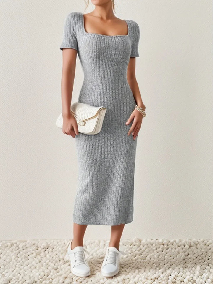 Summer Square Neck, Hip-Hugging Mid-Length Skirt, Short-Sleeved, Versatile Knitted Slit Dress - My Store