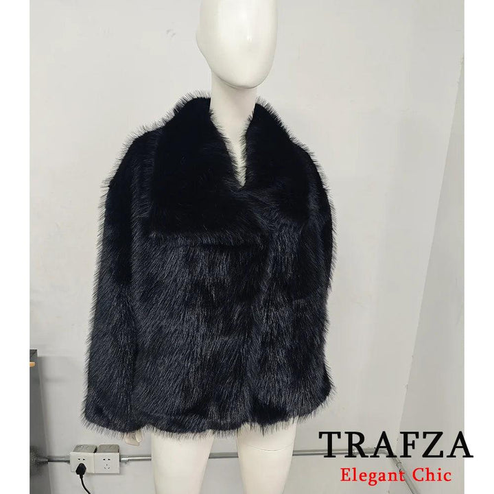 TRAFZA-Women Fashion Winter Solid Big Lapel Coat Faux Fur Coat Jacket New 2025 Autumn Winter Slouchy Burgundy Black Gray Coat - My Store
