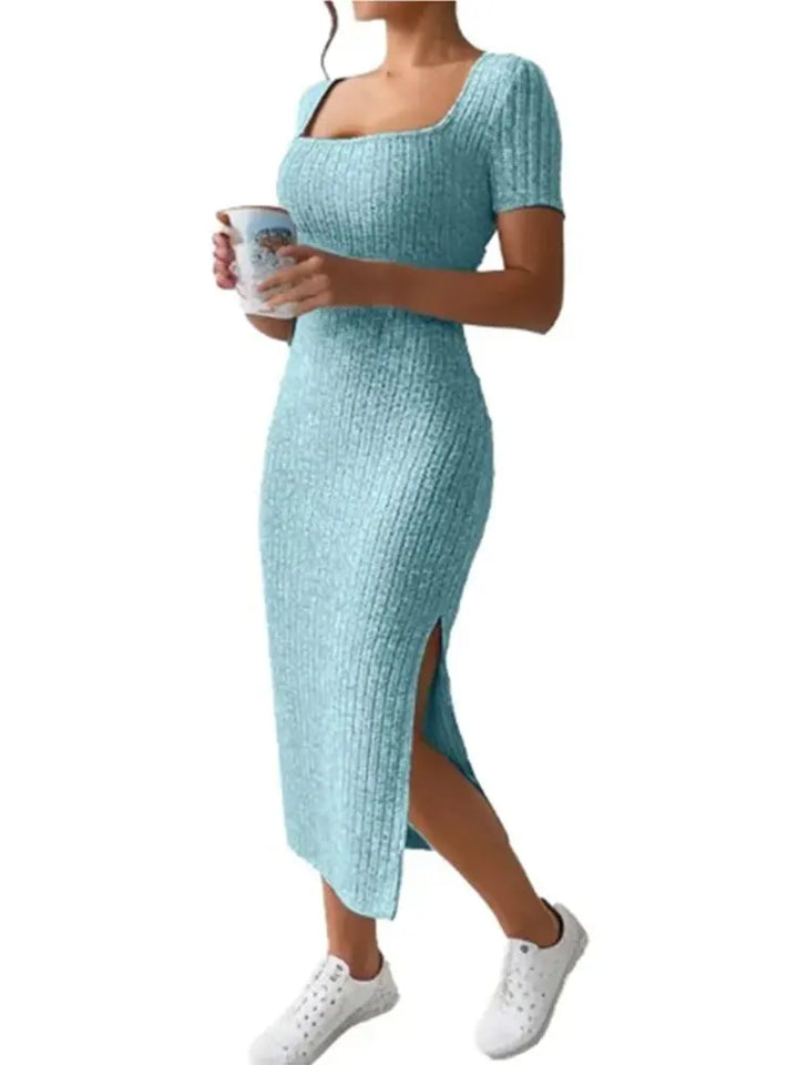 Summer Square Neck, Hip-Hugging Mid-Length Skirt, Short-Sleeved, Versatile Knitted Slit Dress - My Store