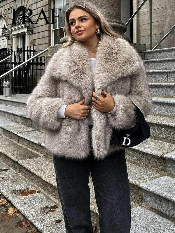 TRAFZA Women Fashion Cropped Faux Fur Jacket Coat Long Sleeve Front Snap-button Female Outerwear Chic Lapel Collar Thick Coat - My Store