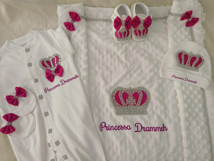 5pcs Handmade DIY Vinyl Name Personalized Baby Girl Newborn Jewels Crown Pink Take Me Home Layette 5 Piece Deluxe Gift Set - My Store