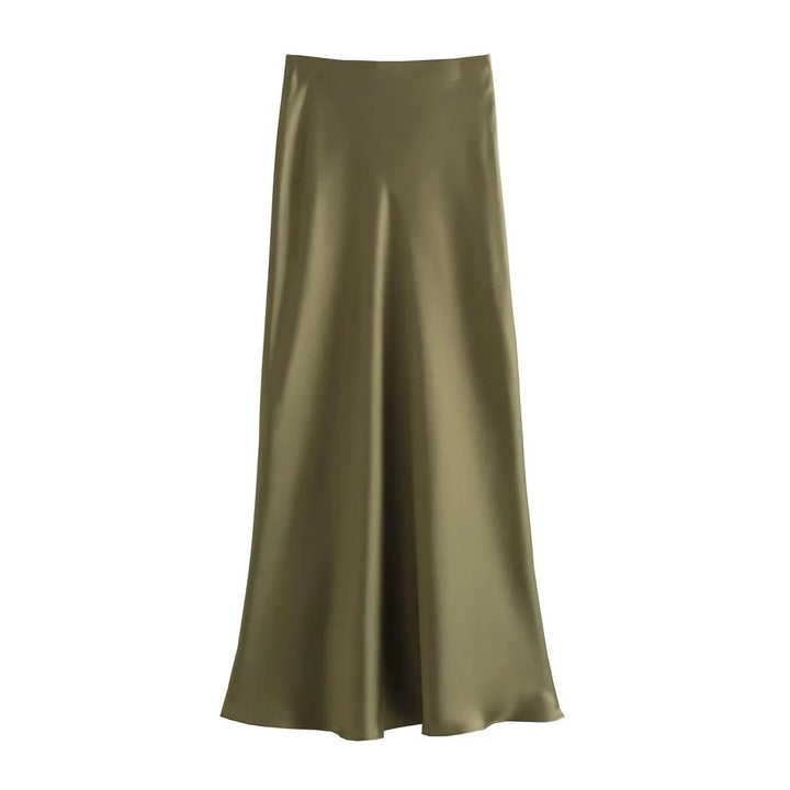TRAFZA Women Elegant Solid Satin Long Skirt Chic Y2K High Waist Slim Skirts Female Fashion Silk Texture Ladies Tight Midi Skirt - My Store